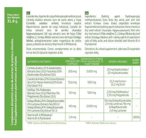 Información nutricional y composición del suplemento de Centella Asiática Gotu Kola 2500 mg en cápsulas vegetales.