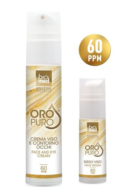 Rutina facial antienvejecimiento con oro coloidal: serum para bolsas y ojeras y crema facial y de ojos para piel madura.