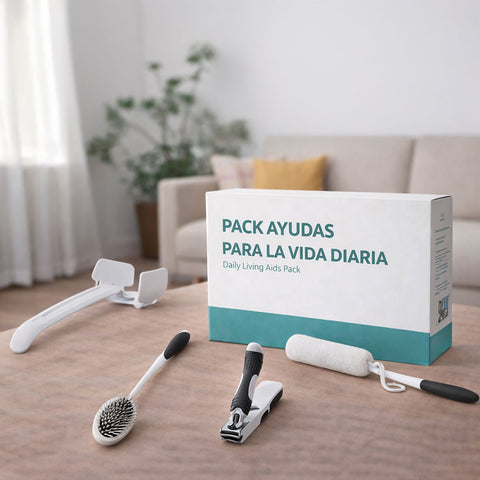 Pack de autonomía personal para el día a día con ayudas para vestirse y asearse, diseñado para facilitar las tareas cotidianas de personas mayores o con movilidad reducida.