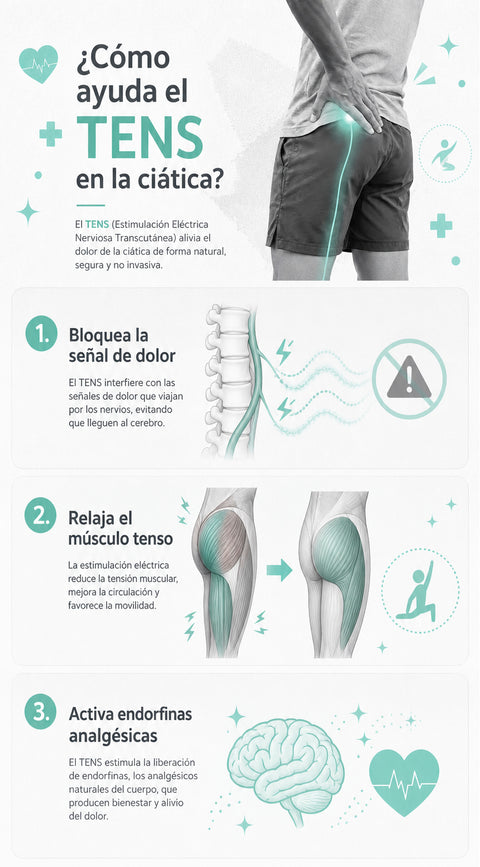 Infografía sobre cómo ayuda el tens en la ciática.
El TENS (Electroestimulación Eléctrica Nerviosa Transcutánea) alivia el dolor de la ciática de forma natural, segura y no invasiva. ¿Cómo?
1. Bloquea la señal de dolor: El TENS interfiere con las señales de dolor que viajan por los nervios, evitando que lleguen al cerebro.
2. Relaja el músculo tenso: La electroestimulación eléctrica reduce la tensión muscular, mejora la circulación y favorece la movilidad.
3. Activa endorfinas