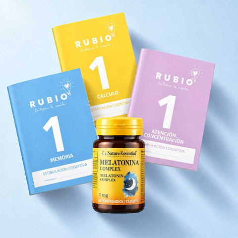 kit cuidado del cerebro de día y de noche: cuaderno rubio estimulación cognitiva memoria + cuaderno rubio estimulación cognitiva cálculo + cuaderno rubio estimulación cognitiva atención concentración + melatonina