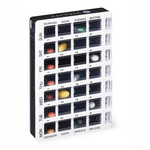 Pastillero semanal y mensual con compartimentos para organizar medicamentos y suplementos por días y horarios.